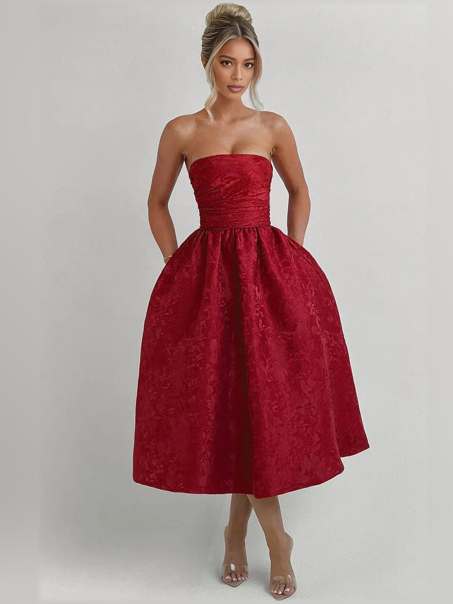 Red midi formal dress with strapless neckline, full-length front view