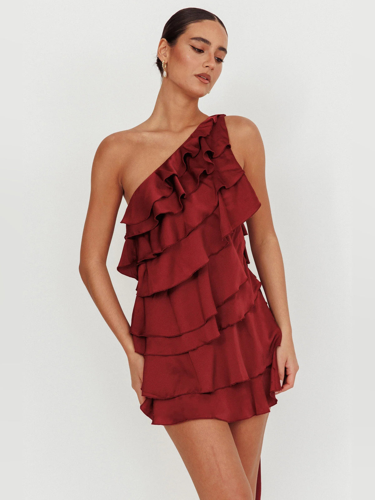 Wine mini homecoming dress, front view showing the silhouette