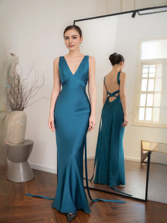 Lapis Blue floor-length prom dress, front view showing the mermaid silhouette