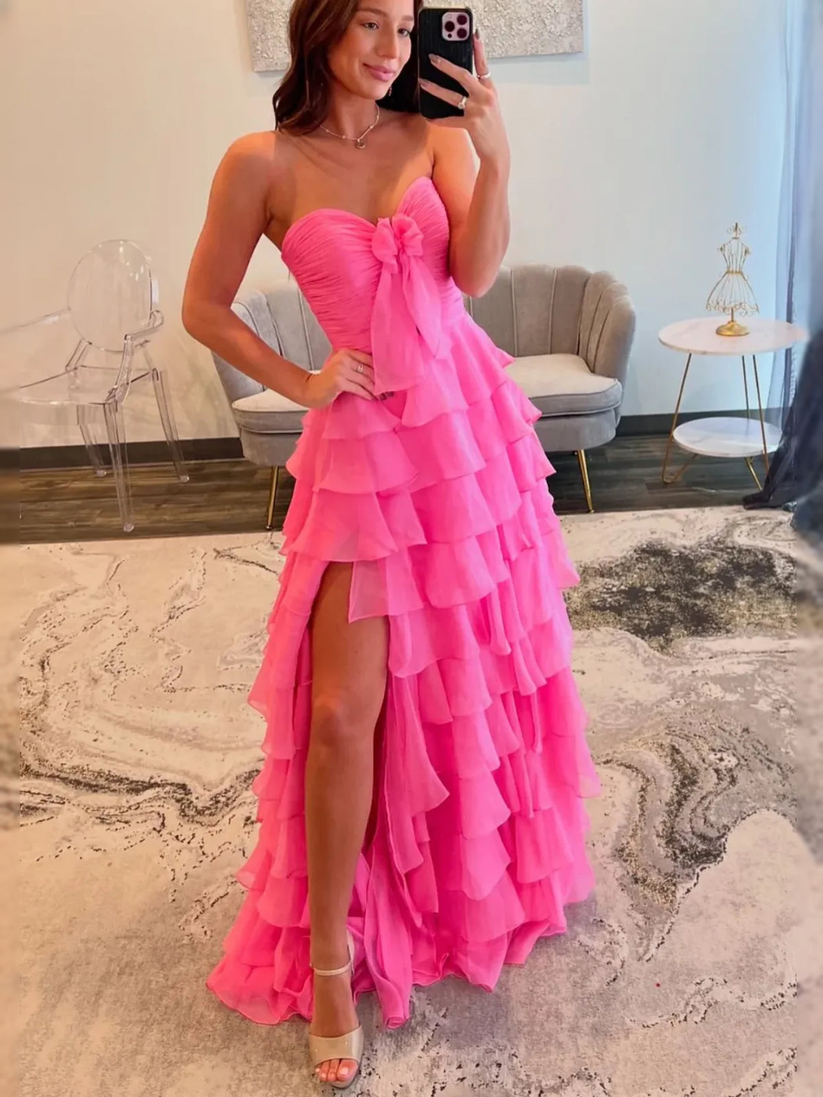 Hot Pink floor-length prom dress, front view showing the a-line silhouette