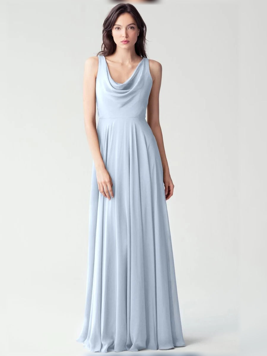 Light Blue floor-length bridesmaid dress, front view showing the a-line silhouette