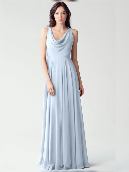 Light Blue floor-length bridesmaid dress, front view showing the a-line silhouette