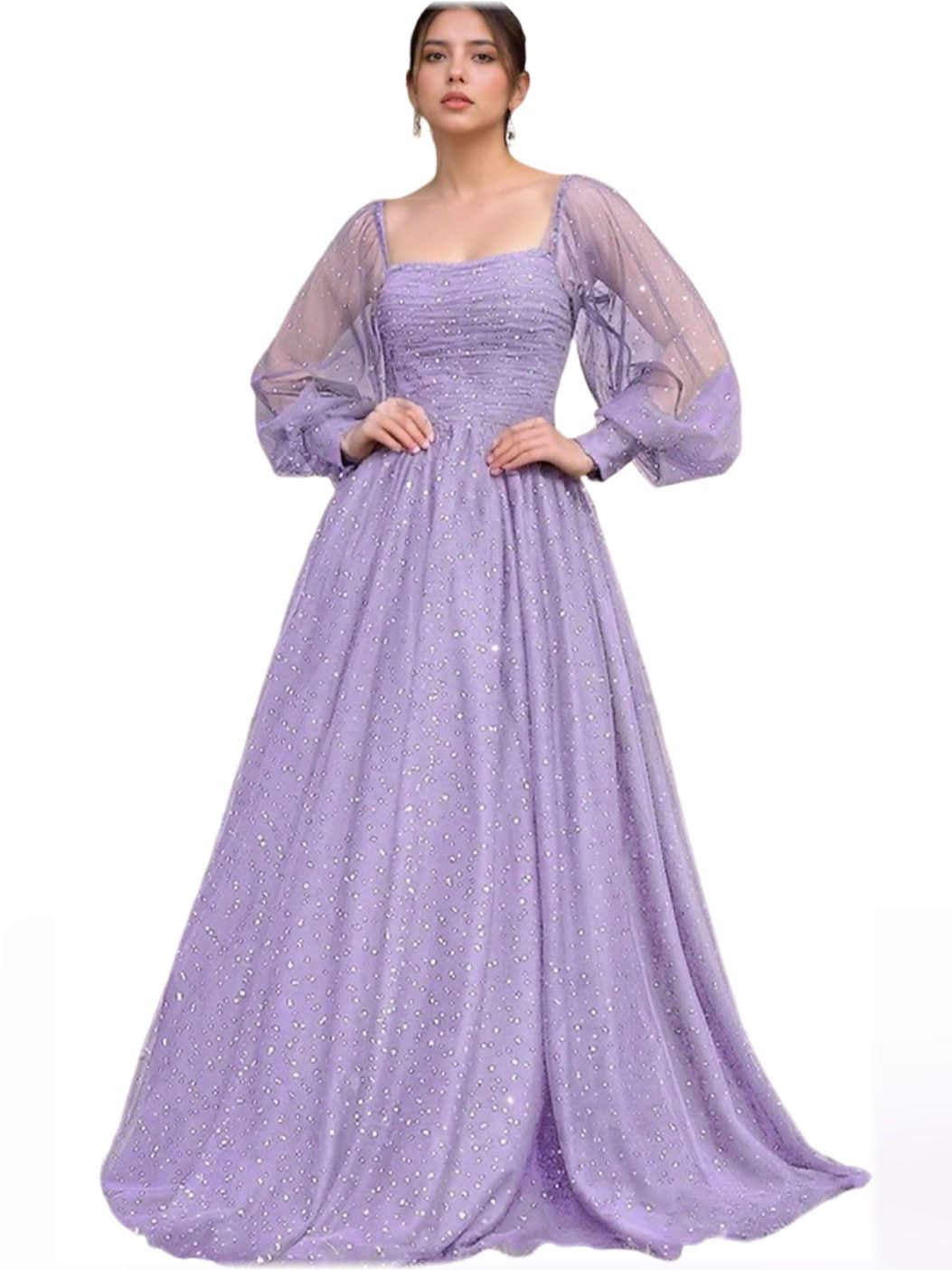 Lavender a-line floor-length formal dress with square neckline, full-length front view
