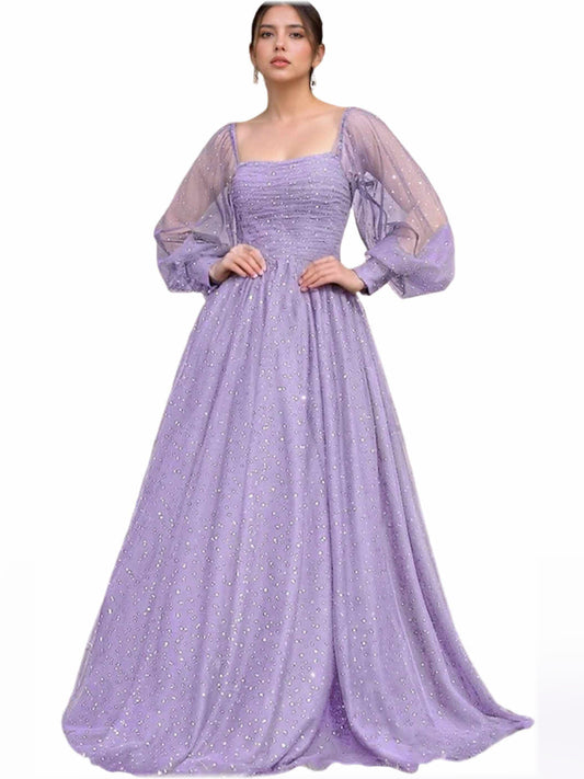 Lavender a-line floor-length formal dress with square neckline, full-length front view