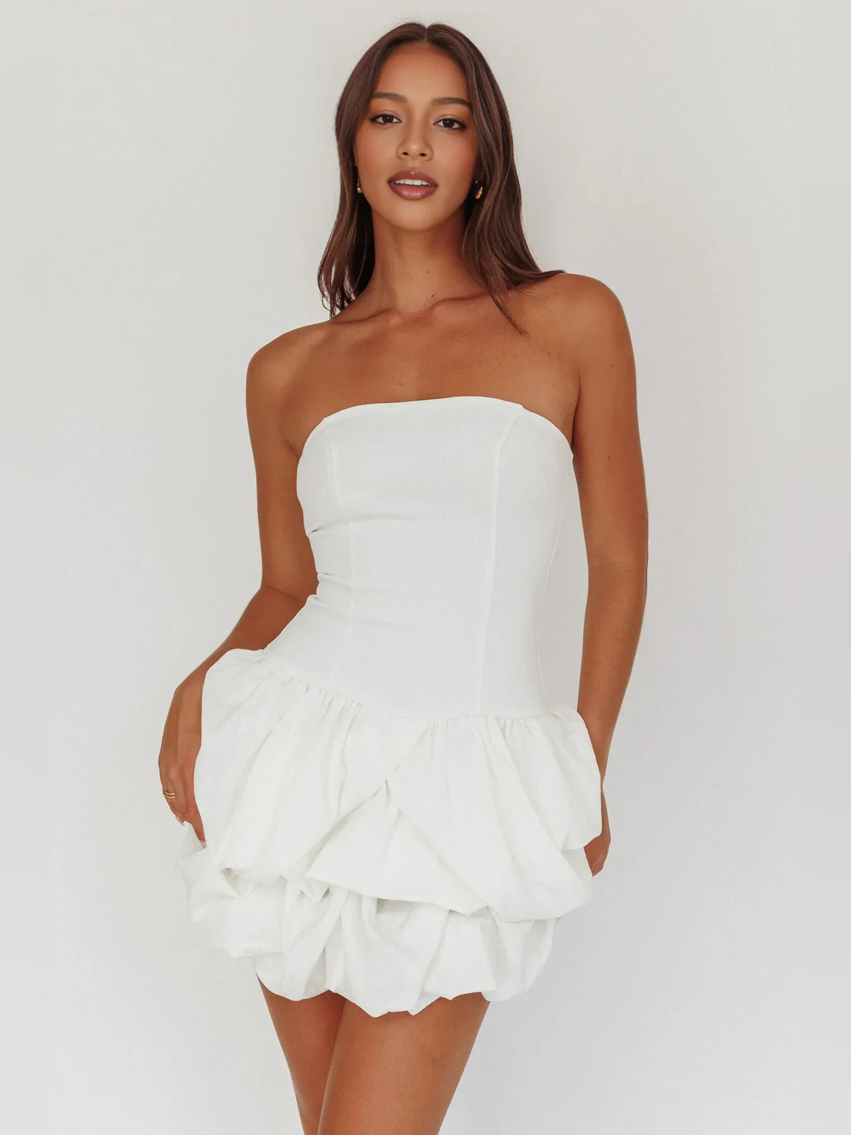 White mini homecoming dress, alternate view showing the full-length silhouette