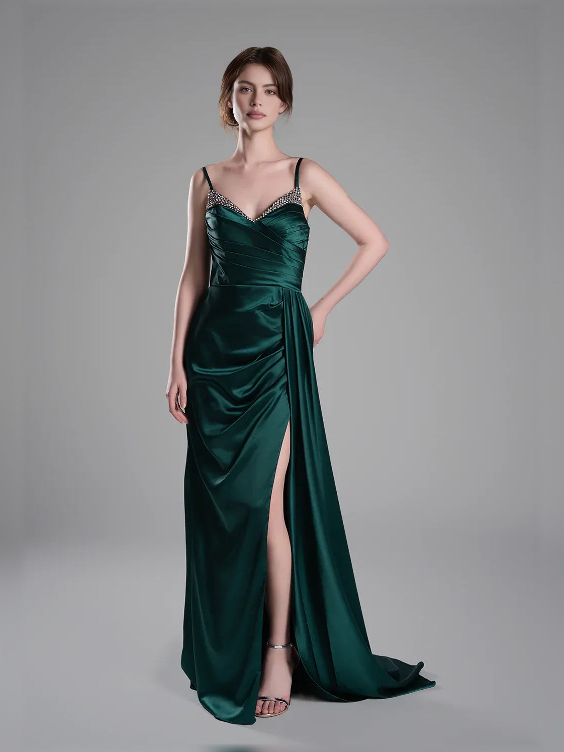 Peacock mermaid floor-length formal dress with V-neckline, full-length front view