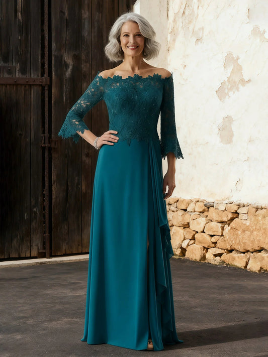 Peacock floor-length mother of the bride dress, front view showing the sheath silhouette