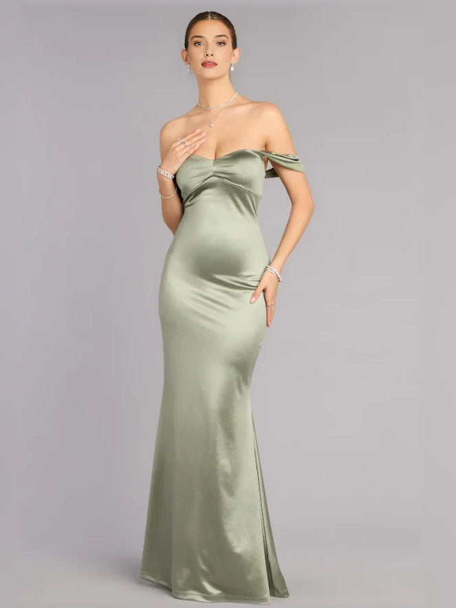 Sage Green mermaid floor-length formal dress with off-the-shoulder neckline, full-length front view