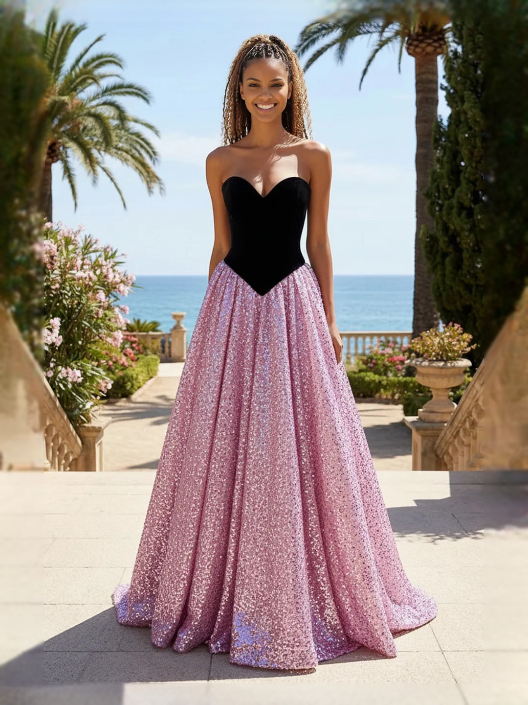 As Picture floor-length prom dress, front view showing the a-line silhouette
