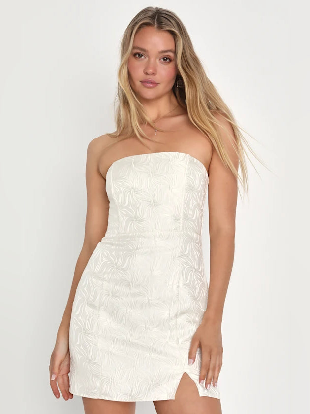 Ivory mini homecoming dress, front view showing the silhouette