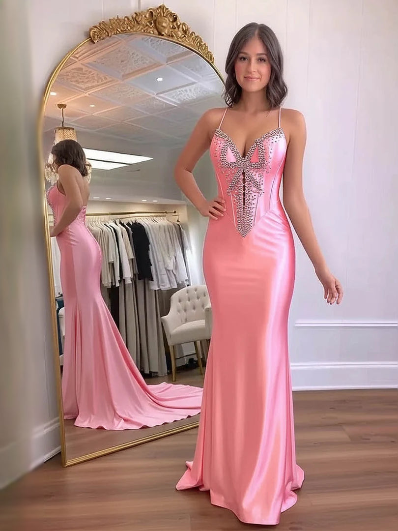 Pink floor-length prom dress, front view showing the mermaid silhouette