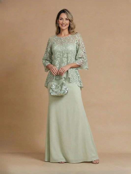 Eucalyptus floor-length mother of the bride dress, front view showing the a-line silhouette