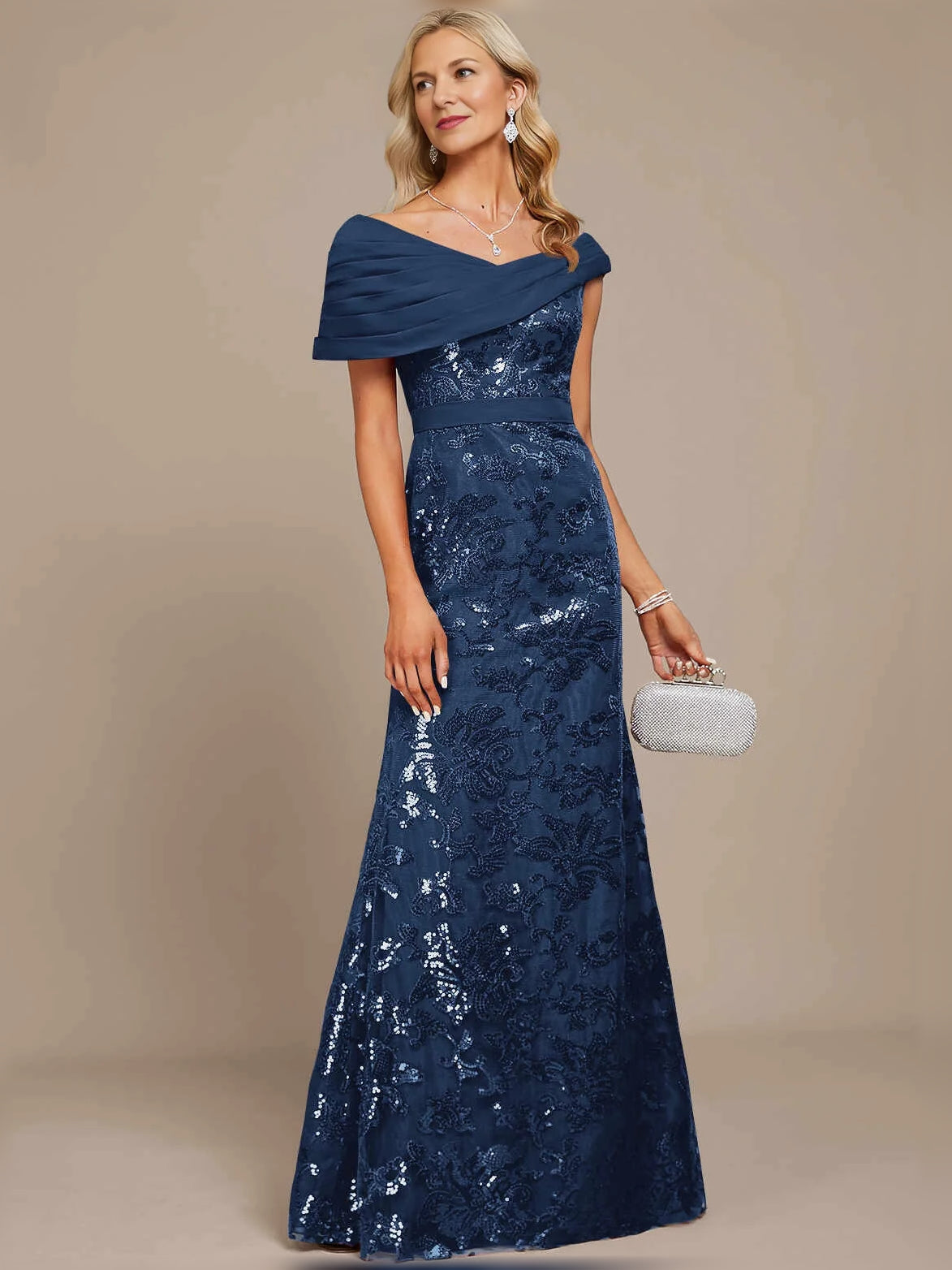 Dark Navy maxi mother of the bride dress, front view showing the mermaid silhouette