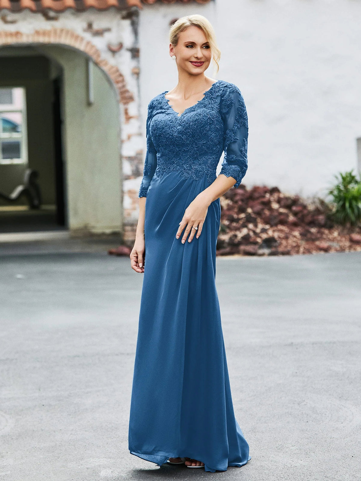 Ink Blue sheath floor-length formal dress with V-neckline, full-length front view