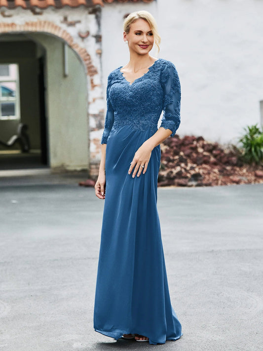 Ink Blue sheath floor-length formal dress with V-neckline, full-length front view