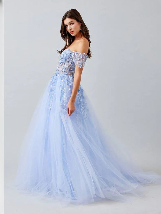 Ice Blue floor-length prom dress, front view showing the a-line silhouette