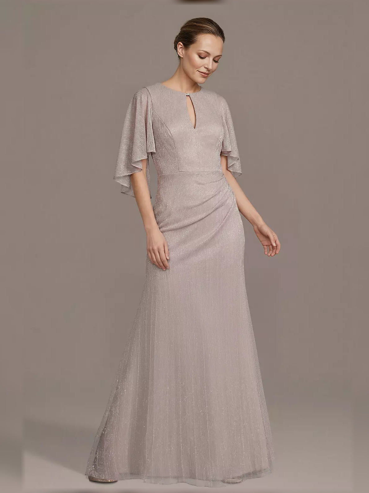 Blush Pink maxi mother of the bride dress, front view showing the a-line silhouette