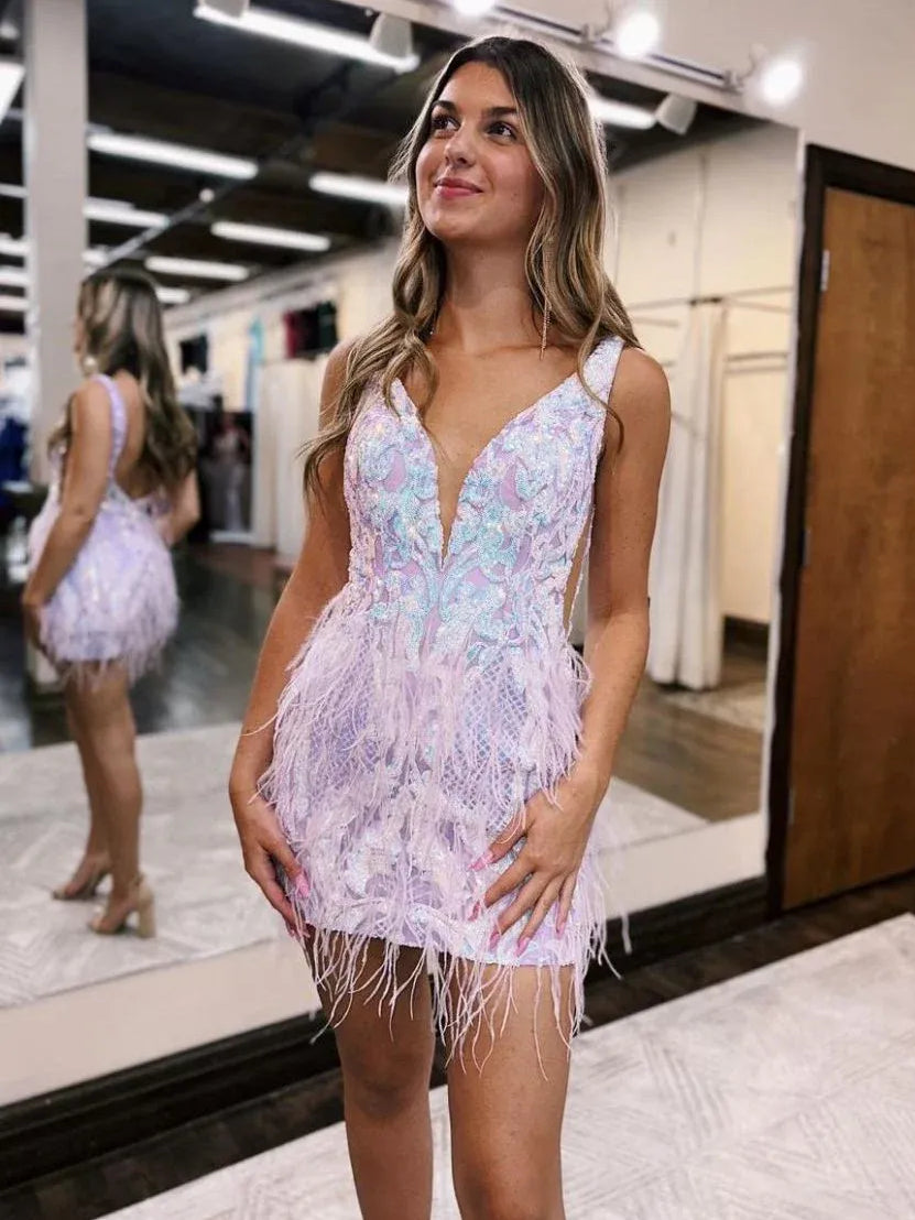 Lilac mini homecoming dress, alternate view showing the full-length silhouette