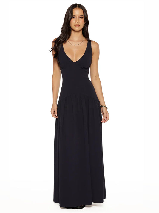 Black a-line floor-length formal dress with V-neckline, full-length front view