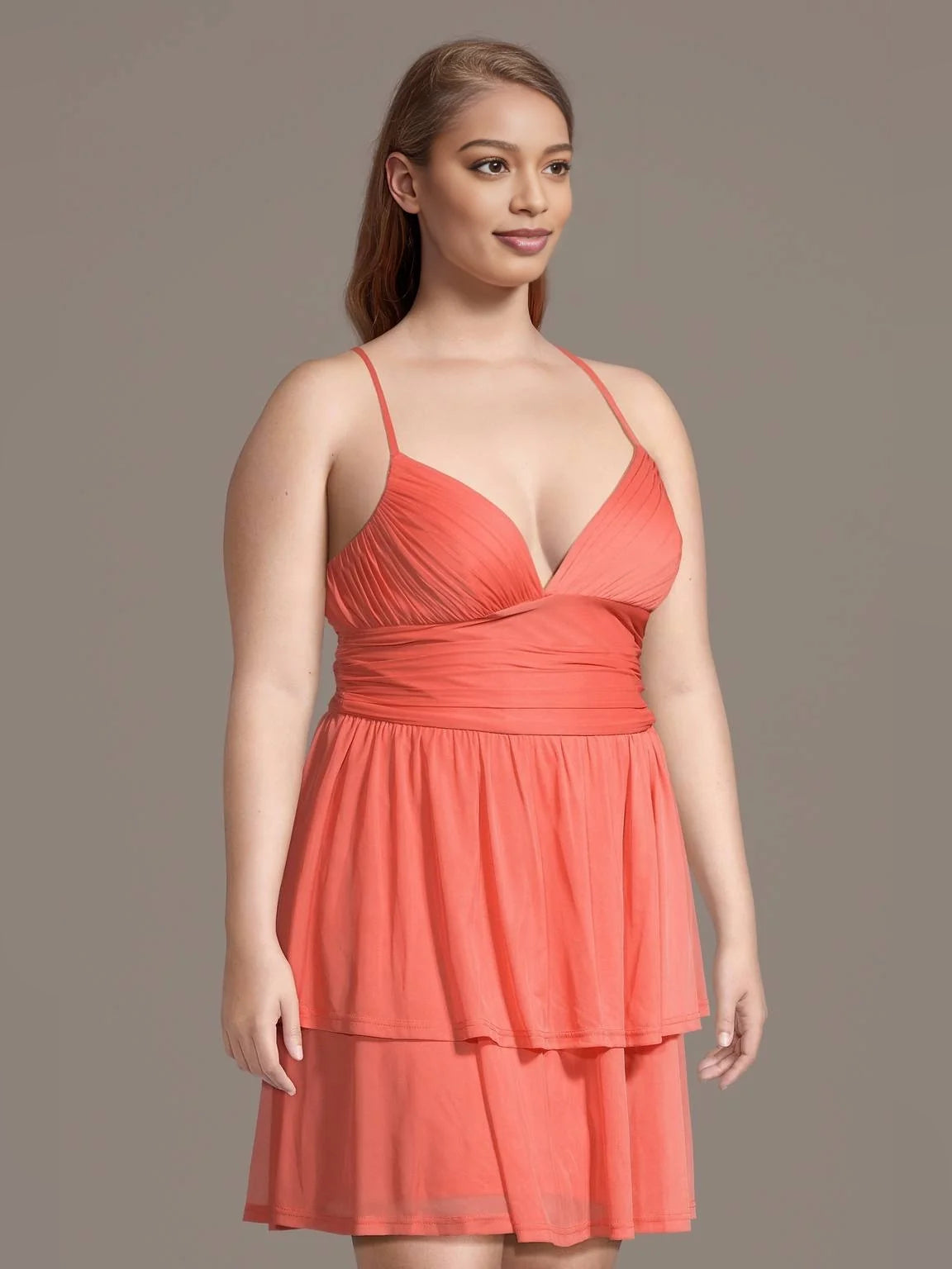 Coral mini homecoming dress, alternate view showing the full-length silhouette