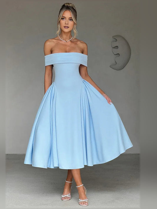 Blue a-line midi formal dress with off-the-shoulder neckline, full-length front view