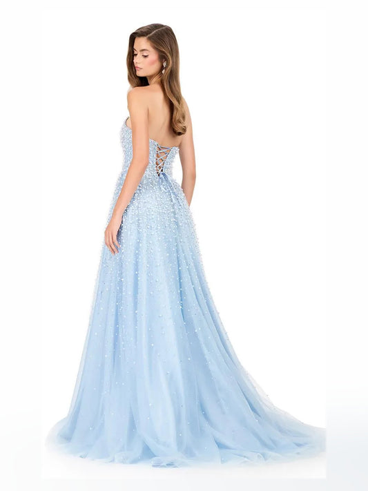 Black floor-length prom dress, front view showing the a-line silhouette