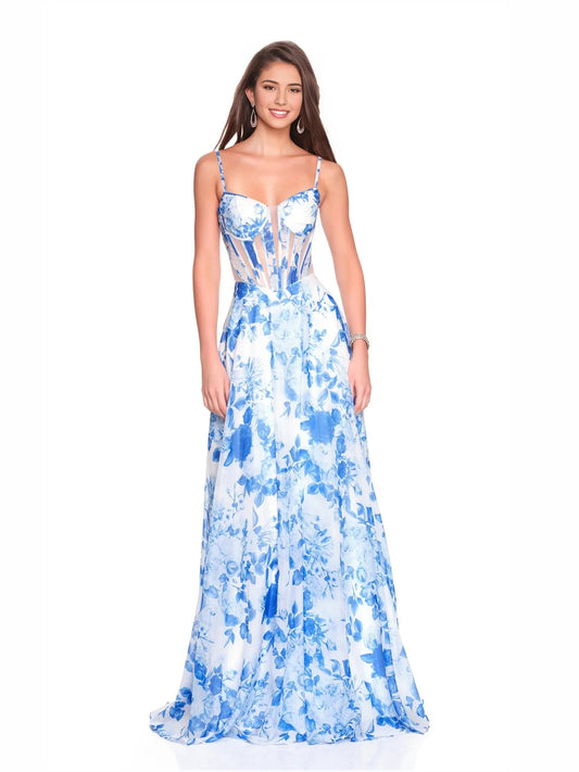 Light Blue a-line floor-length formal dress with sweetheart neckline, full-length front view