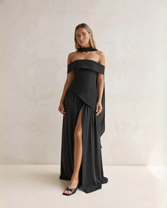 off-shoulder satin a-line maxi bridesmaid dress - image 1