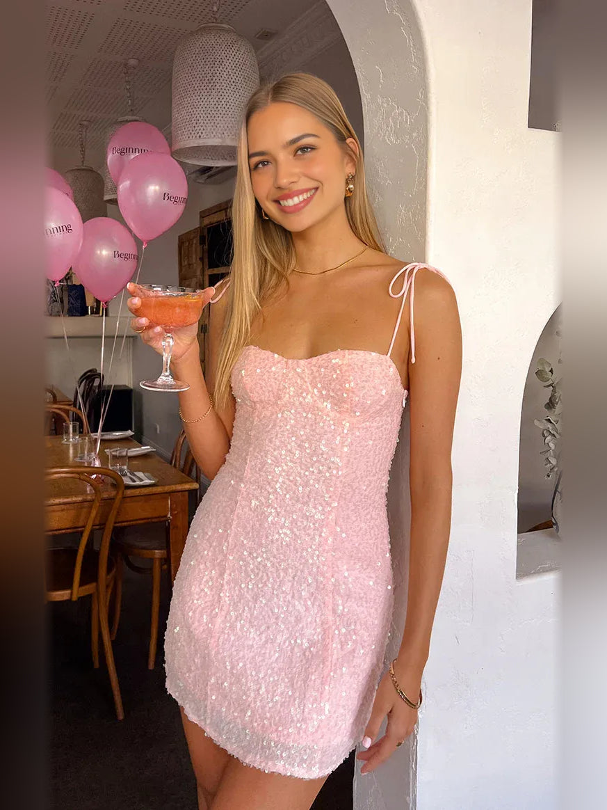 Light Pink mini homecoming dress, alternate view showing the full-length silhouette