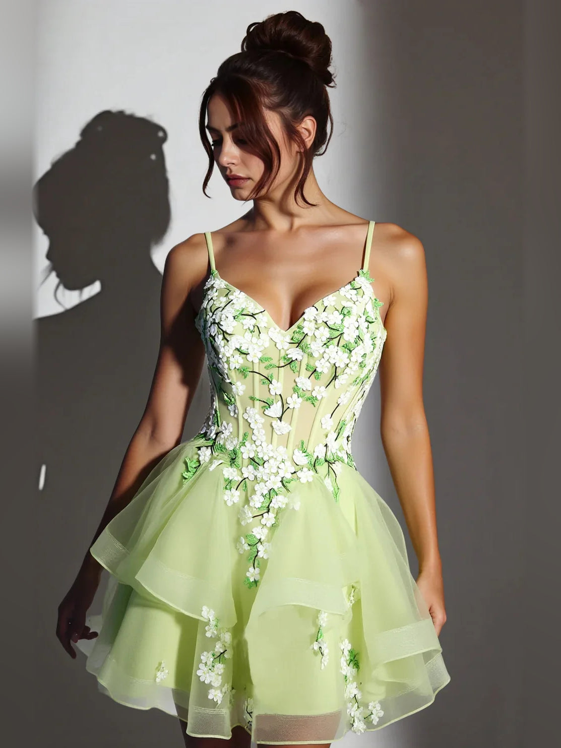 Sage Green mini homecoming dress, alternate view showing the full-length silhouette