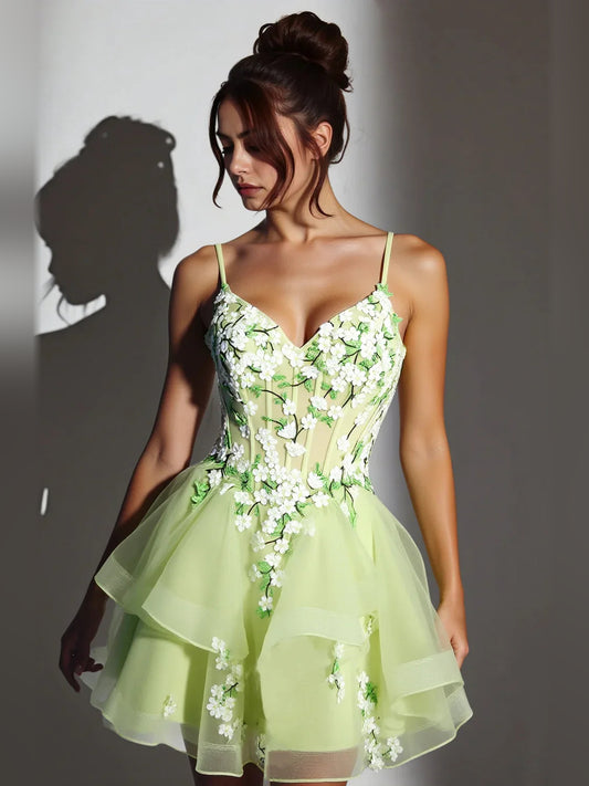 Sage Green mini homecoming dress, alternate view showing the full-length silhouette