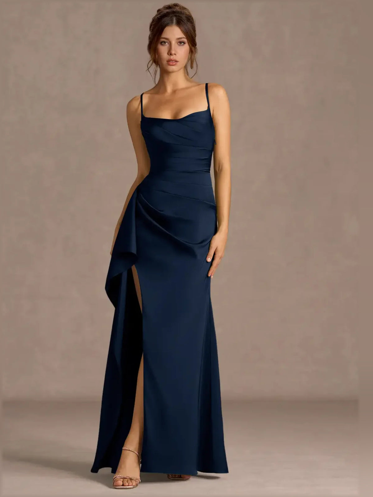 Dark Navy sheath floor-length formal dress with sweetheart neckline, full-length front view