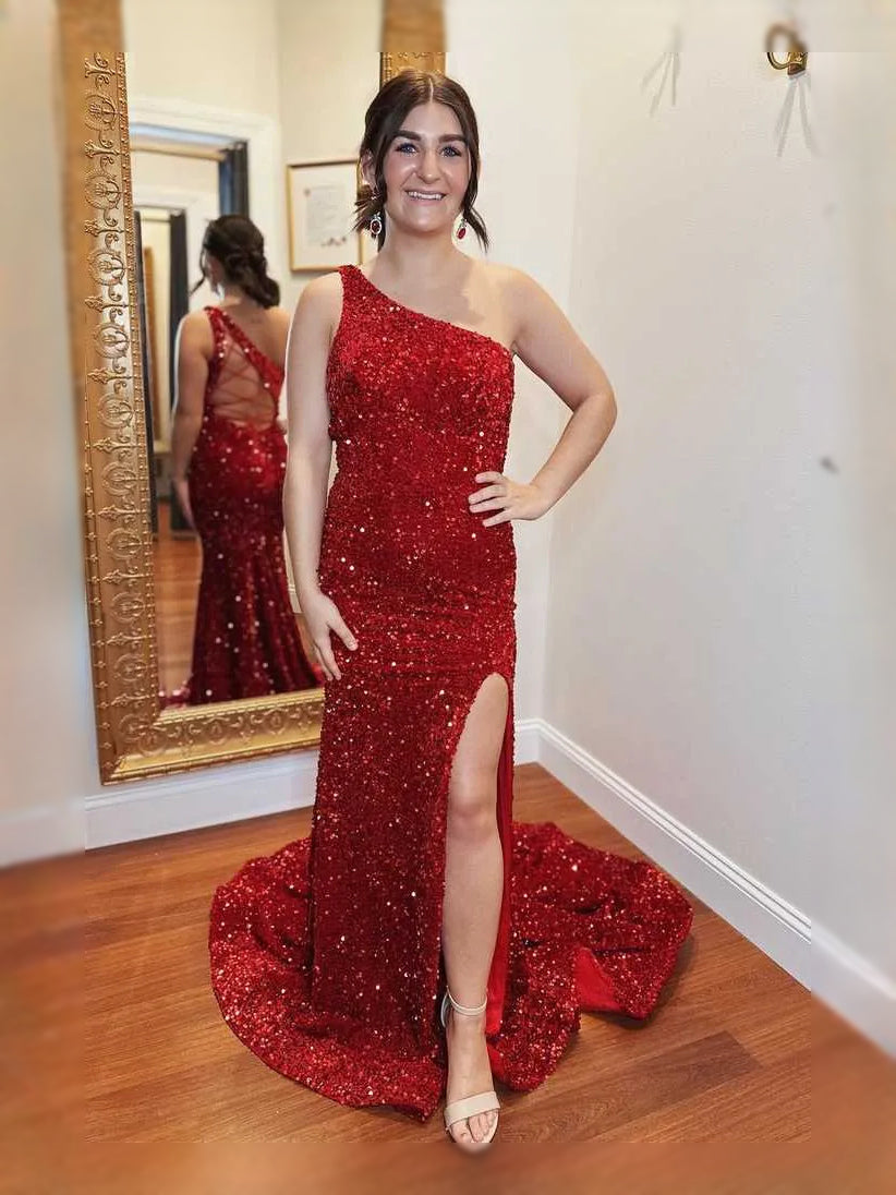 Red maxi prom dress, front view showing the mermaid silhouette