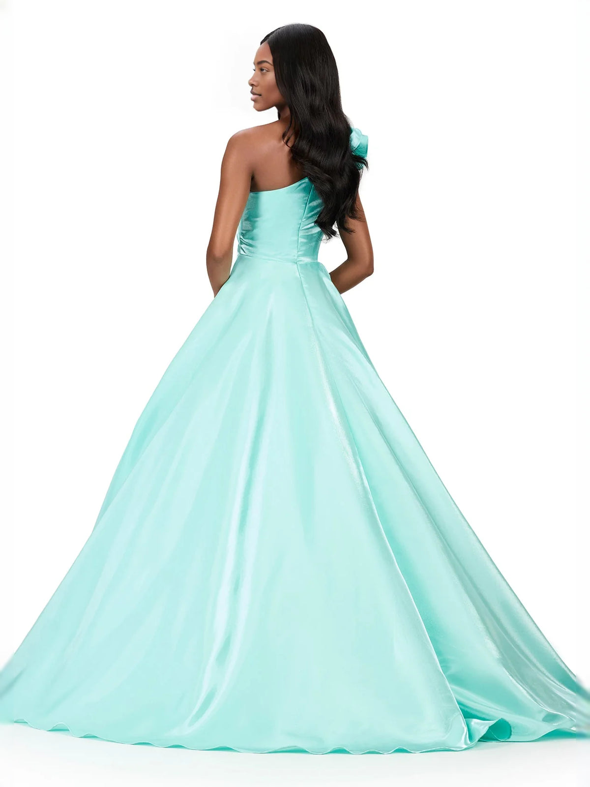 Aqua floor-length prom dress, front view showing the a-line silhouette
