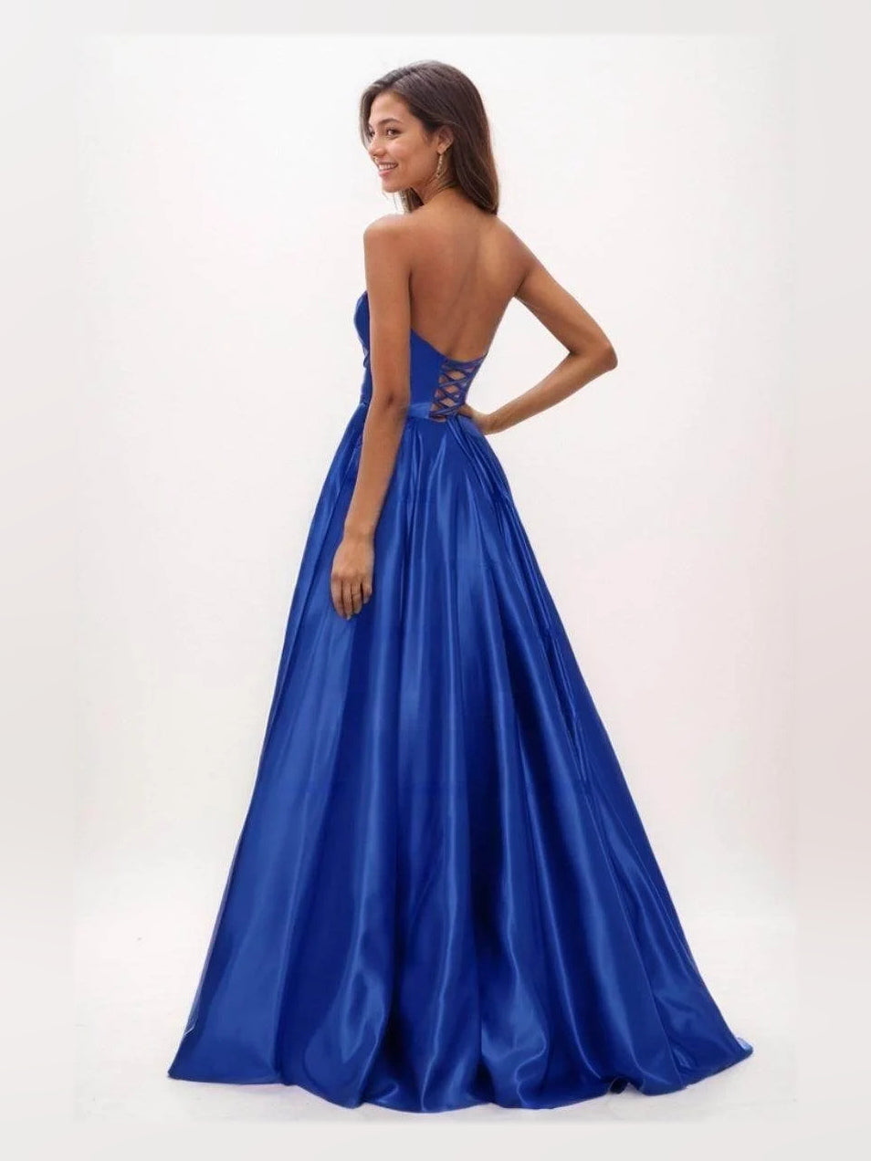 Royal Blue floor-length prom dress, front view showing the a-line silhouette