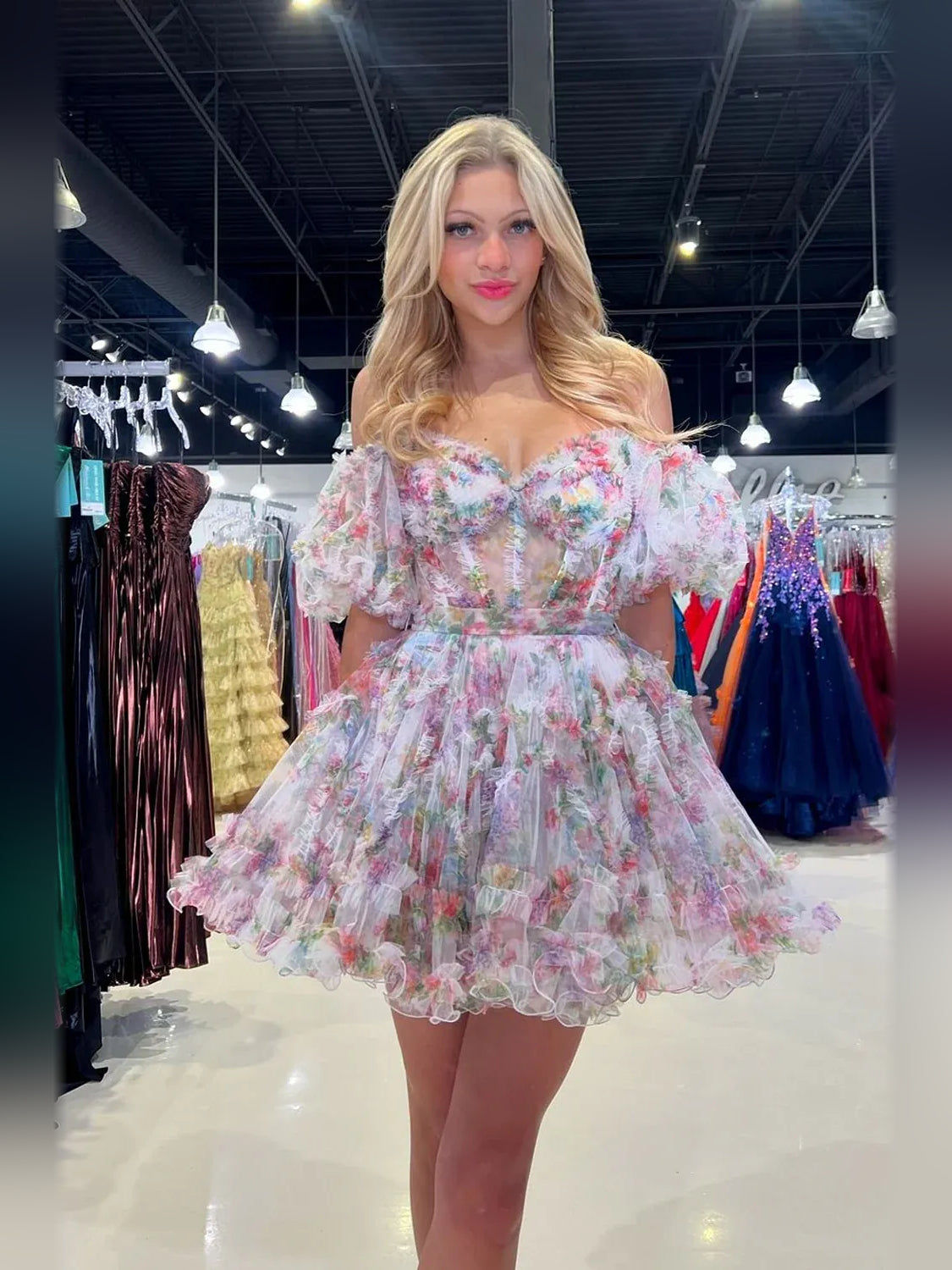 Floral mini homecoming dress, alternate view showing the full-length silhouette