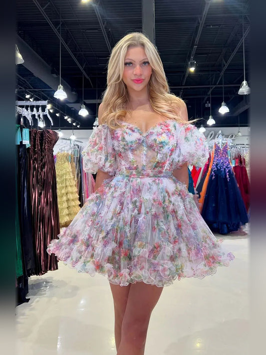Floral mini homecoming dress, alternate view showing the full-length silhouette