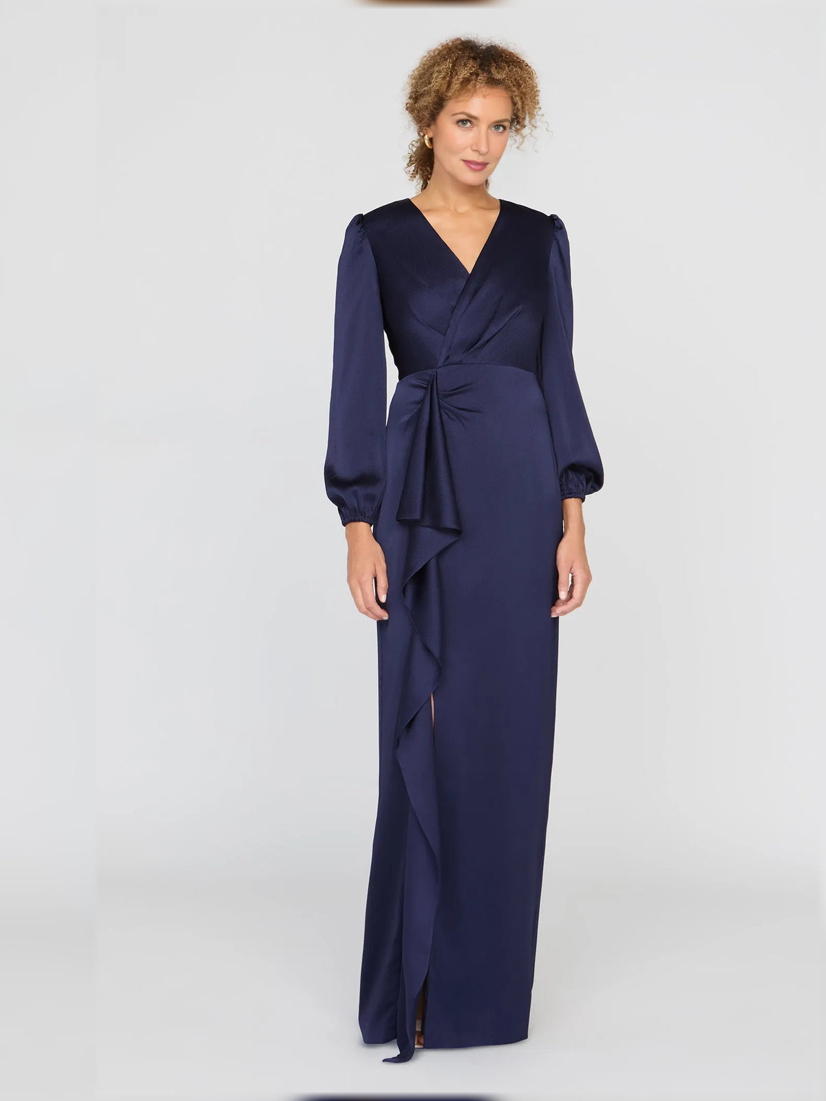 Dark Navy floor-length mother of the bride dress, front view showing the column silhouette