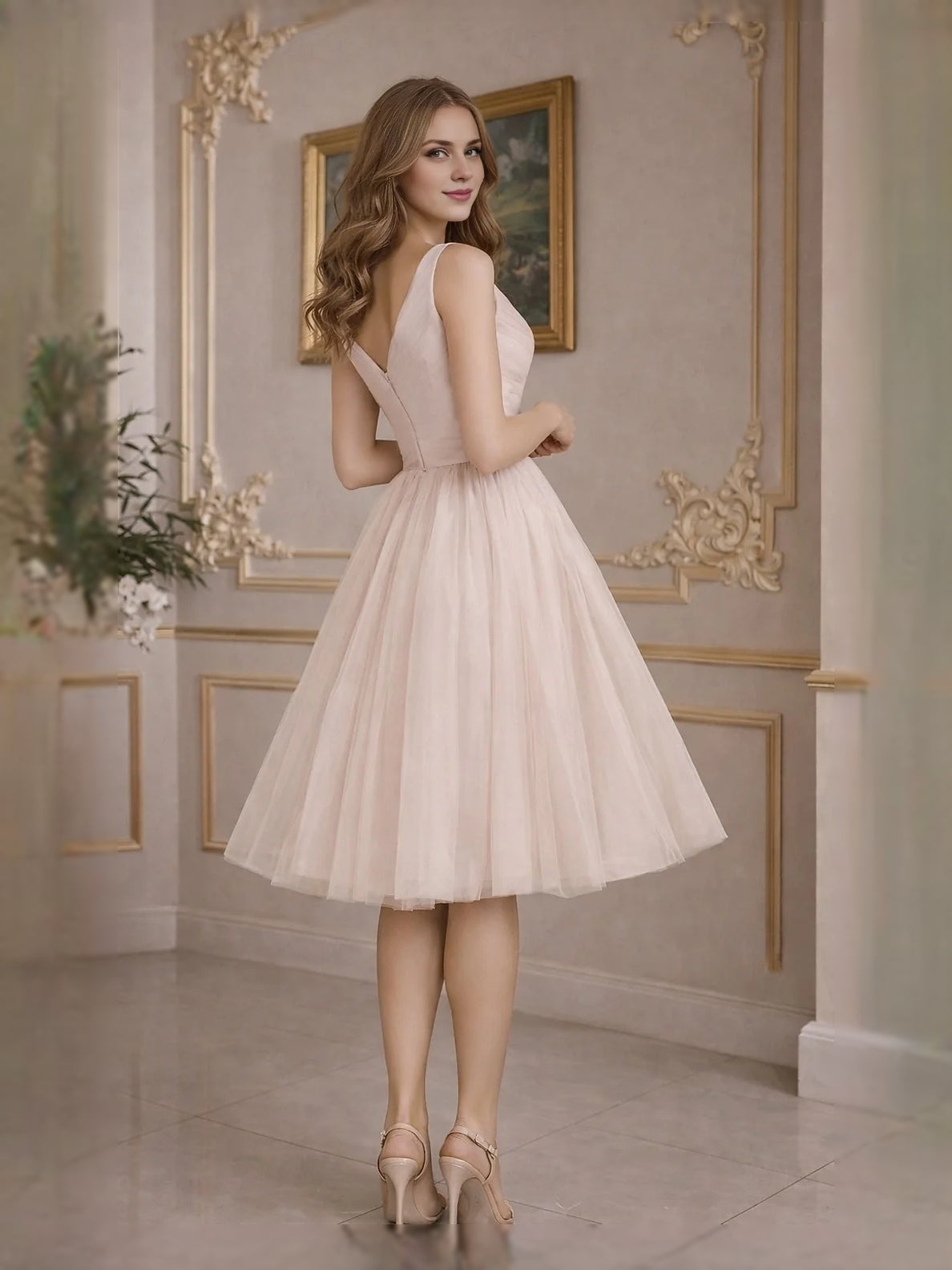 Blush Pink knee-length prom dress, front view showing the a-line silhouette