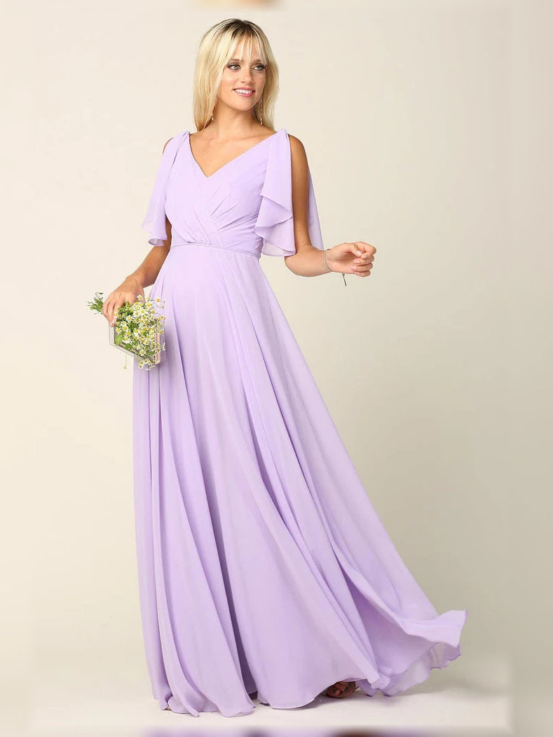Lilac maxi bridesmaid dress, front view showing the a-line silhouette