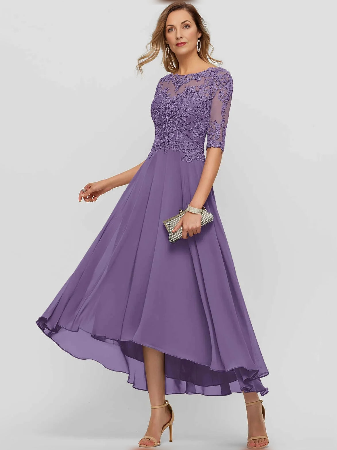 Purple midi mother of the bride dress, front view showing the a-line silhouette