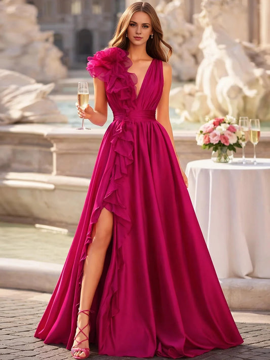 Hot Pink maxi prom dress, front view showing the a-line silhouette