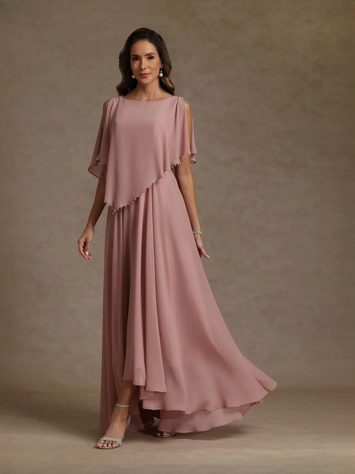 Dusty Rose floor-length mother of the bride dress, front view showing the a-line silhouette