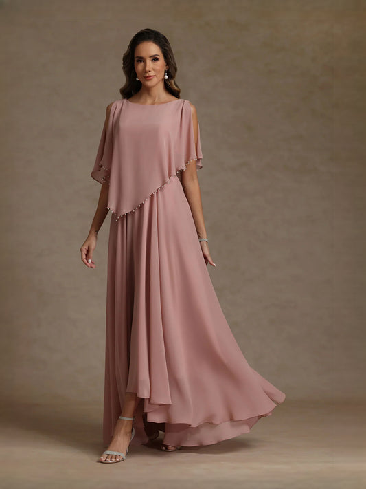 Dusty Rose floor-length mother of the bride dress, front view showing the a-line silhouette