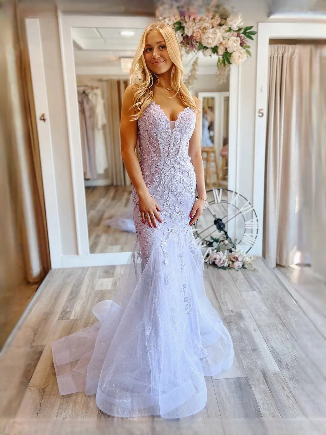 Lavender maxi prom dress, front view showing the mermaid silhouette