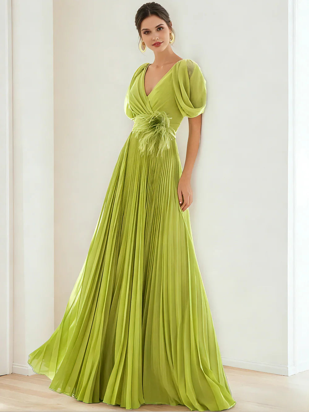 Olive Green a-line floor-length formal dress with V-neckline, full-length front view