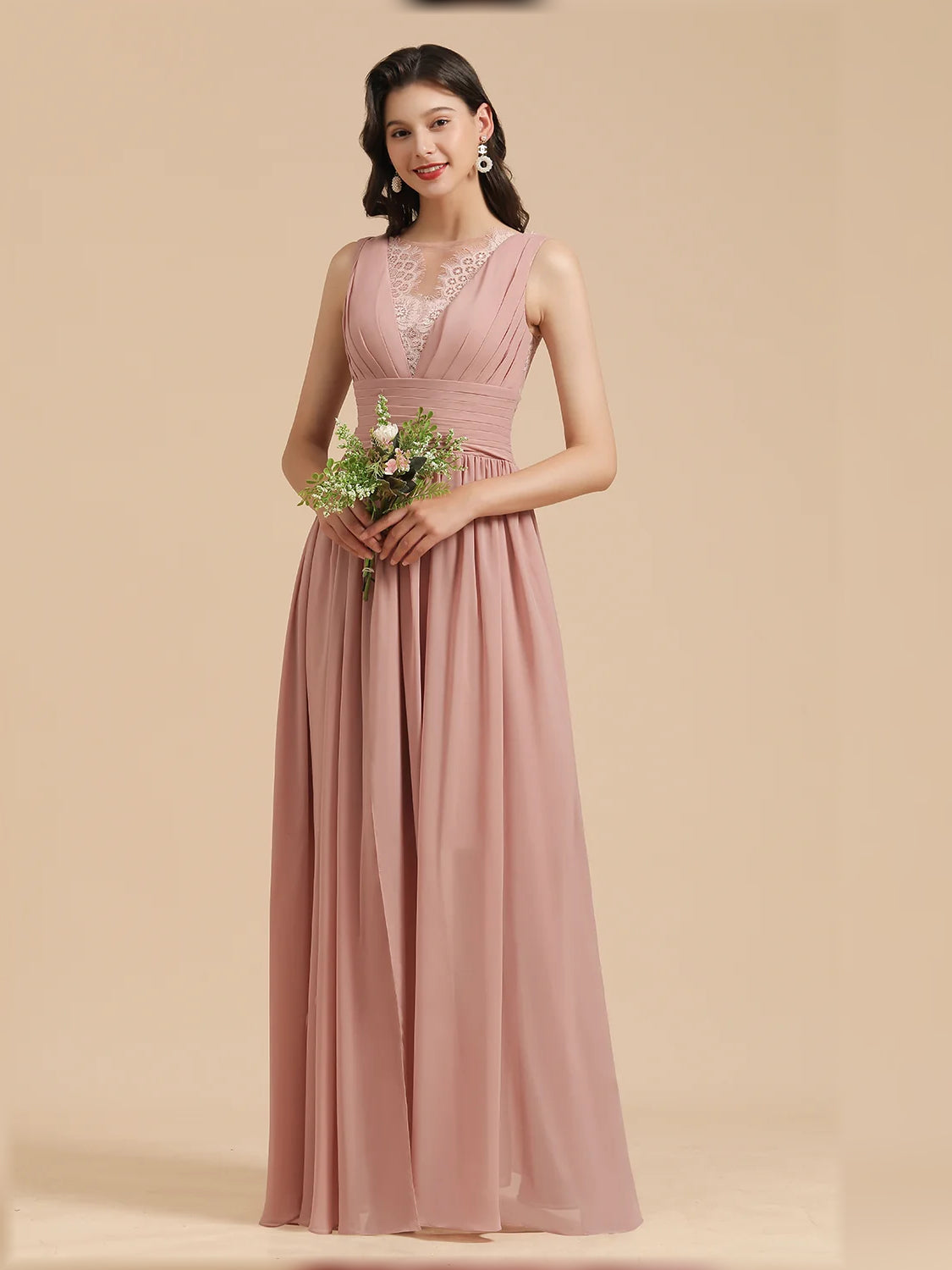 Pearl Pink maxi bridesmaid dress, front view showing the a-line silhouette