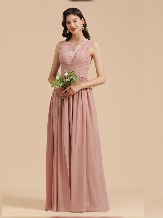 Pearl Pink maxi bridesmaid dress, front view showing the a-line silhouette