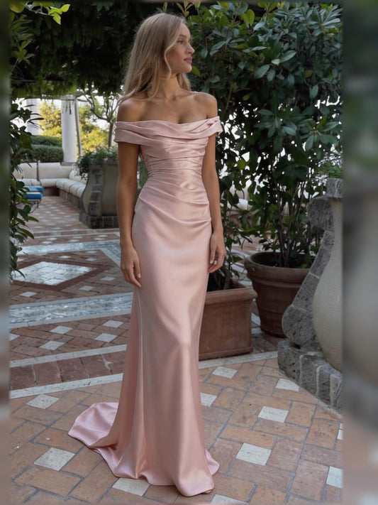 Blush Pink sheath floor-length formal dress with off-the-shoulder neckline, full-length front view
