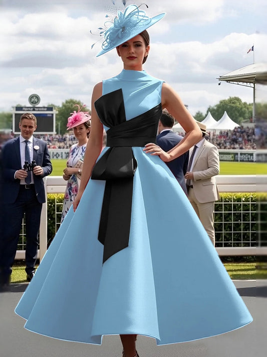 Blue midi prom dress, front view showing the a-line silhouette
